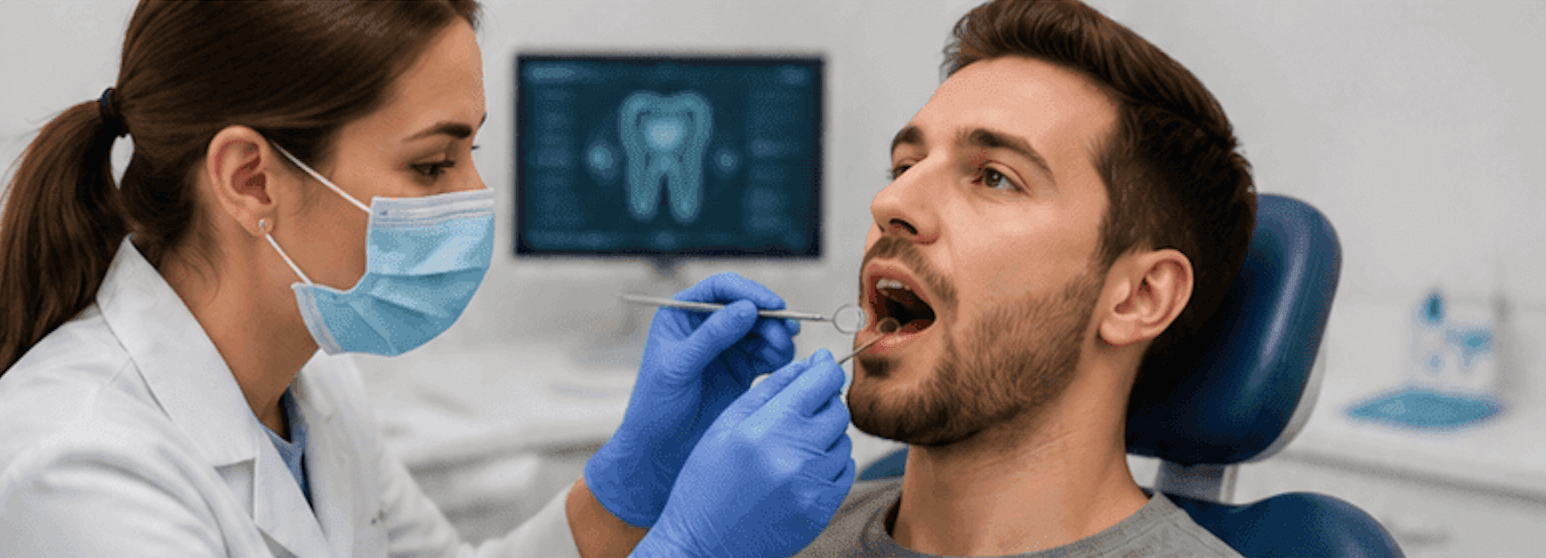 Dentist checking the mouth of a young adult who vapes, showing signs of dry mouth and gum irritation
