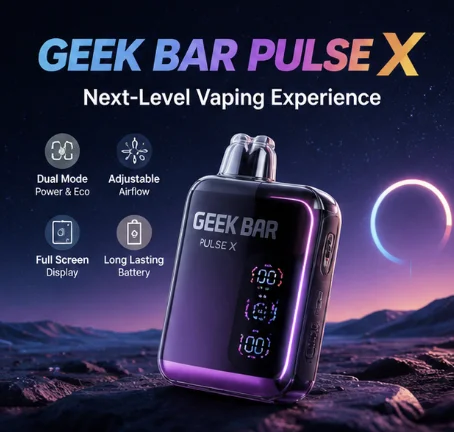 Composite image showing Geek Bar Pulse X, its flavors, and explanation that vaping has virtually zero calories, including lifestyle and scientific illustrations