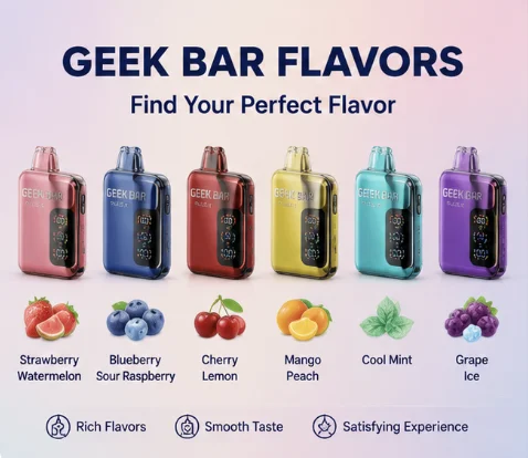Composite image showing Geek Bar Pulse X, its flavors, and explanation that vaping has virtually zero calories, including lifestyle and scientific illustrations
