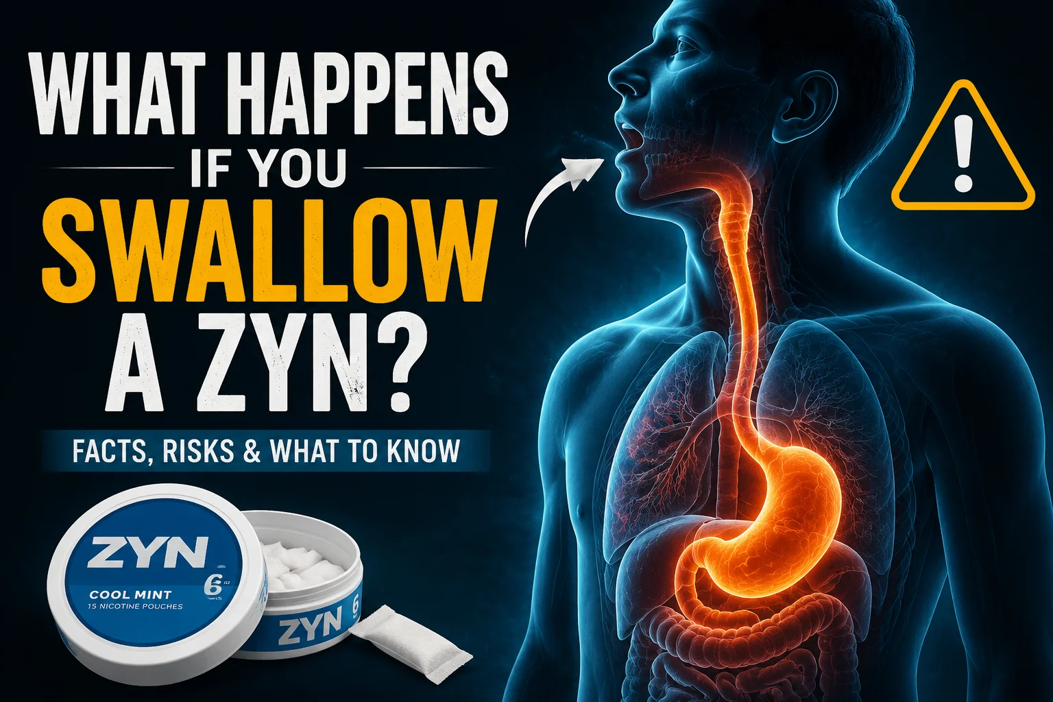 Person holding stomach after swallowing a Zyn nicotine pouch